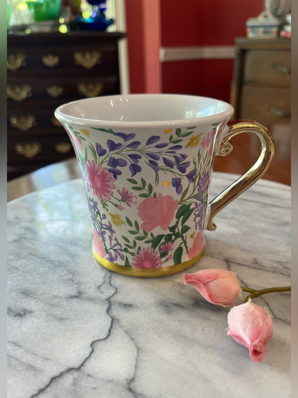 Floral Ceramic Mug w English Regency “Bridgerton” on Netflix Pink/Purple/Gold